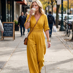 Yellow Wanda cross-front wide-leg jumpsuit by THE WHITMORE FAMILY, featuring a stylish front design and flowing wide-leg silhouette.