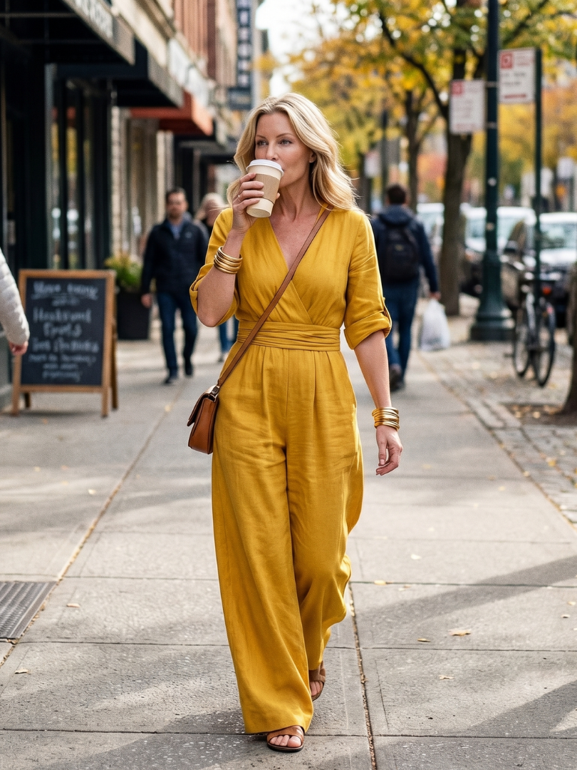 Yellow Wanda cross-front wide-leg jumpsuit by THE WHITMORE FAMILY, featuring a stylish front design and flowing wide-leg silhouette.