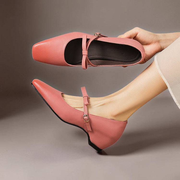 Pink leather Bryony Bow-Strap Mary Jane pump by THE WHITMORE FAMILY featuring a classic design and comfortable fit.