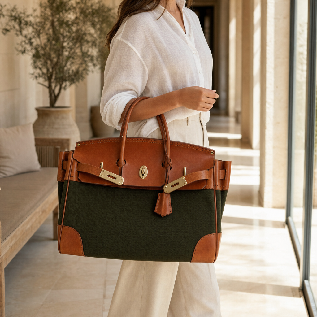 THE WHITMORE FAMILY Eleanor Weekender bag with an adjustable strap, shown on an arm, showcasing its stylish and practical design.
