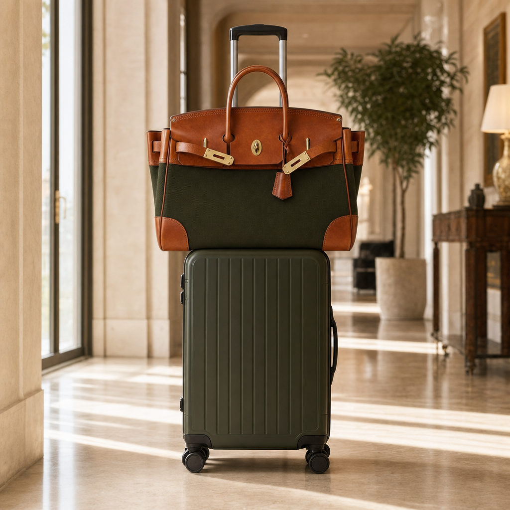 The Eleanor Weekender by THE WHITMORE FAMILY showing a stylish navy blue travel bag with leather accents and sturdy handles.