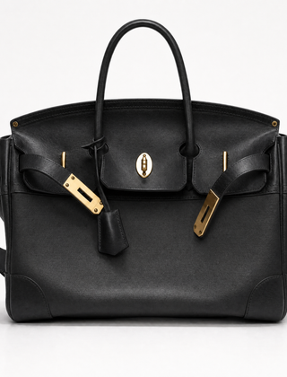 Black leather Eleanor Weekender bag by THE WHITMORE FAMILY showing front view with handles and spacious design.