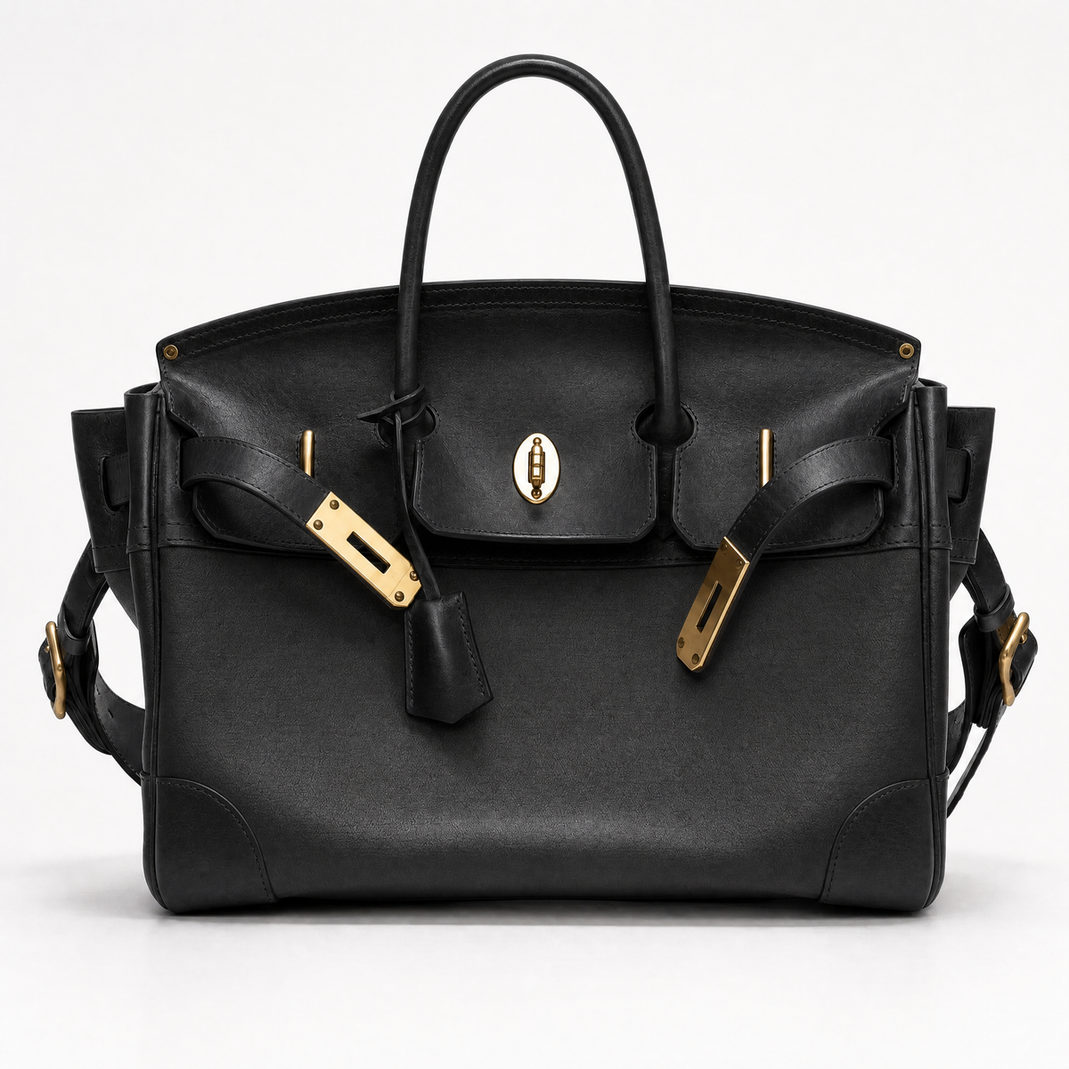 Black leather Eleanor Weekender bag by THE WHITMORE FAMILY showing front view with handles and spacious design.