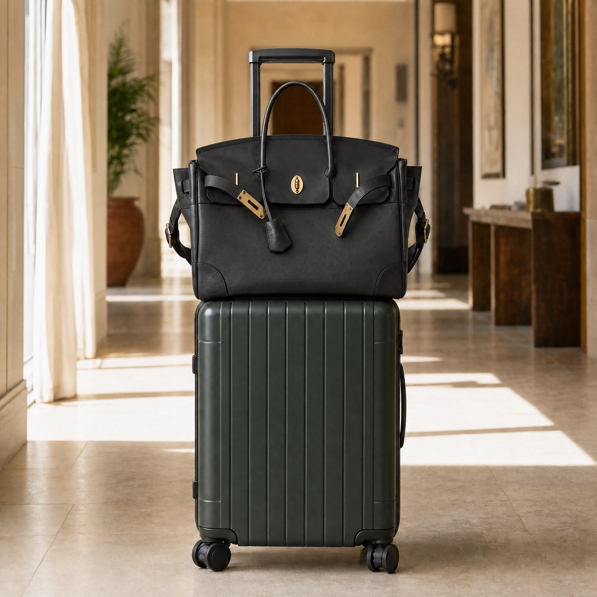 Black leather Eleanor Weekender bag by THE WHITMORE FAMILY with sturdy handles and spacious interior for travel or weekend trips.