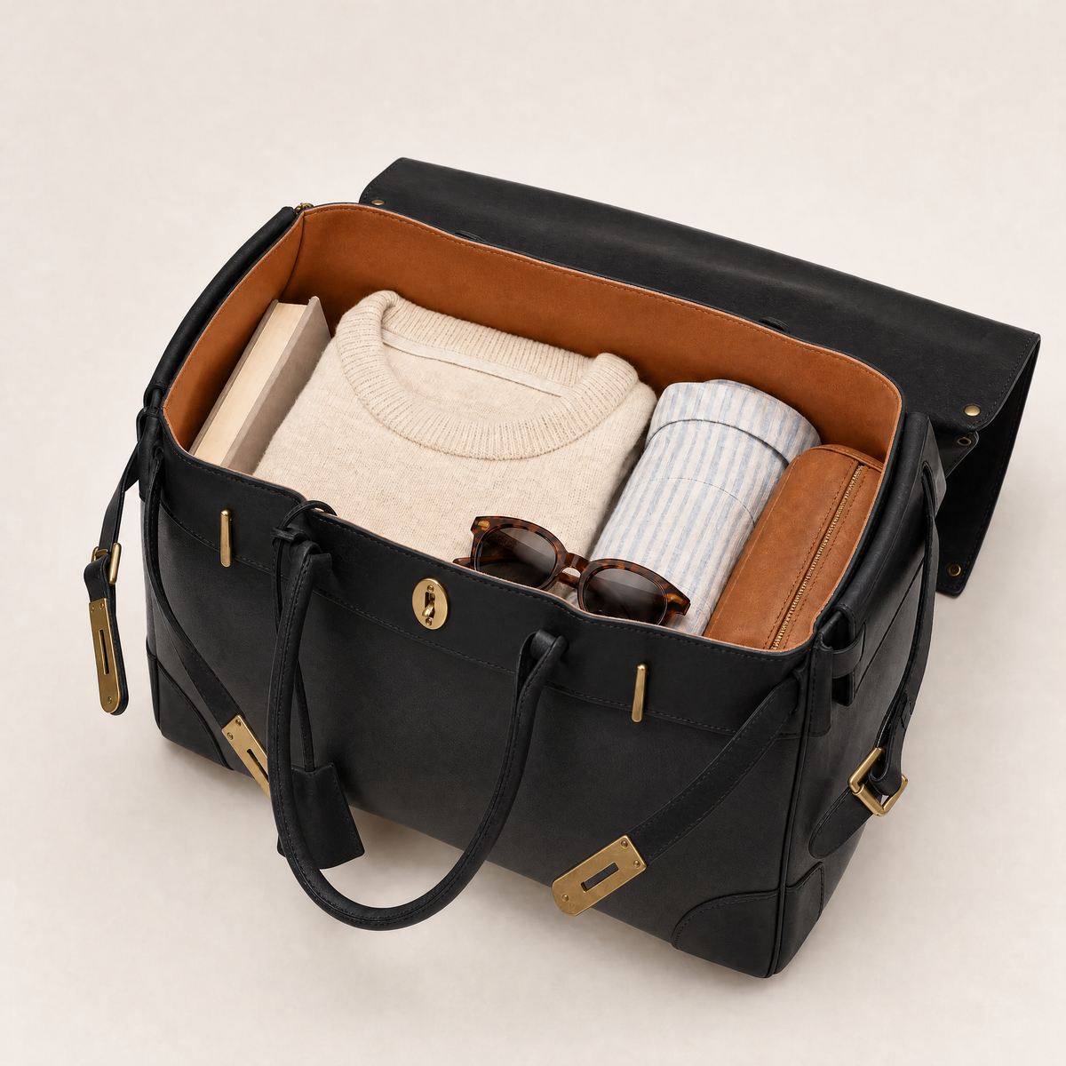 Black leather The Eleanor Weekender bag by THE WHITMORE FAMILY with sturdy handles and spacious interior for travel.