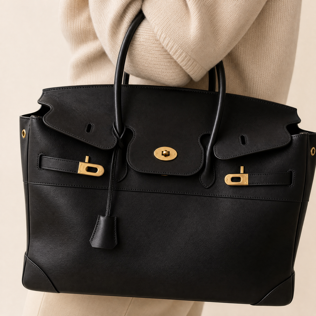 Black leather Eleanor Weekender bag by THE WHITMORE FAMILY featuring gold hardware and sturdy handles.