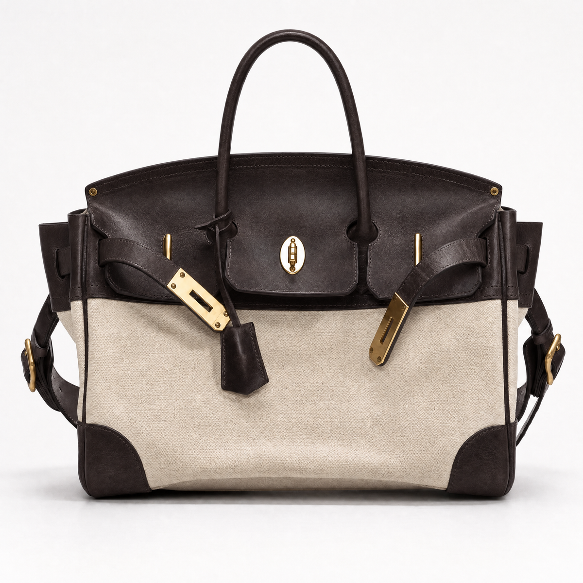 The Eleanor Weekender bag by THE WHITMORE FAMILY, featuring a front view with leather accents and spacious design for travel.