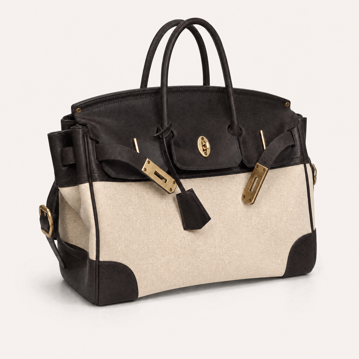 Three-quarter view of THE WHITMORE FAMILY Eleanor Weekender bag in durable fabric with leather accents.