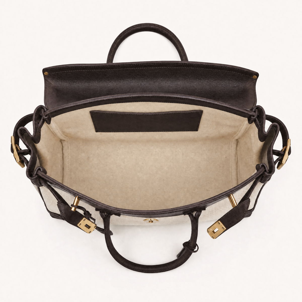 Interior view of THE WHITMORE FAMILY Eleanor Weekender bag showing spacious compartments and stylish design details.