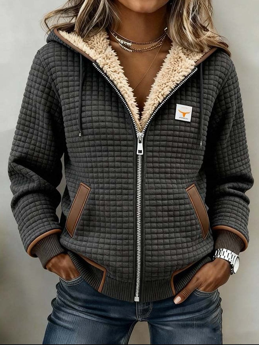 Sandra Sherpa-lined quilted zip-up hooded jacket for women, featuring a cozy fleece interior and quilted design by THE WHITMORE FAMILY.